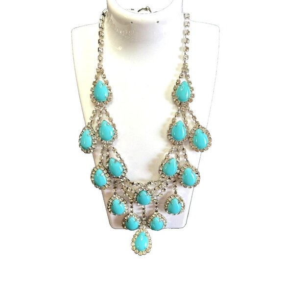 Southwestern Blue Turquoise Jeweled Bib Necklace and Matching Earrings - Picture 4 of 8